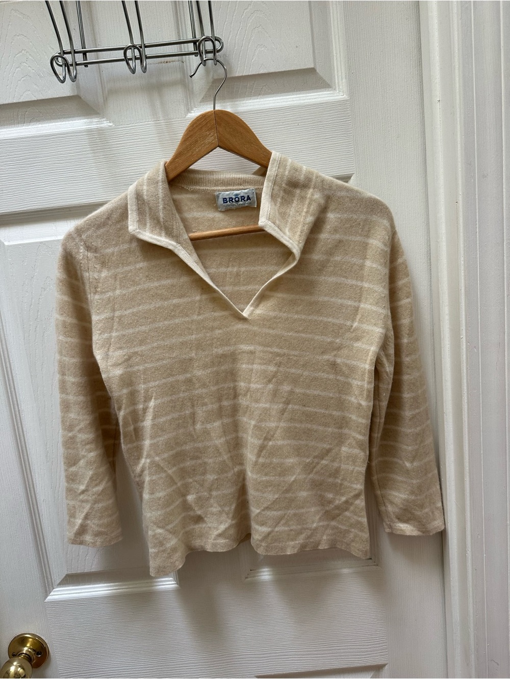 Brora Cream Stripe Cashmere Polo Sweater collared 10 m medium